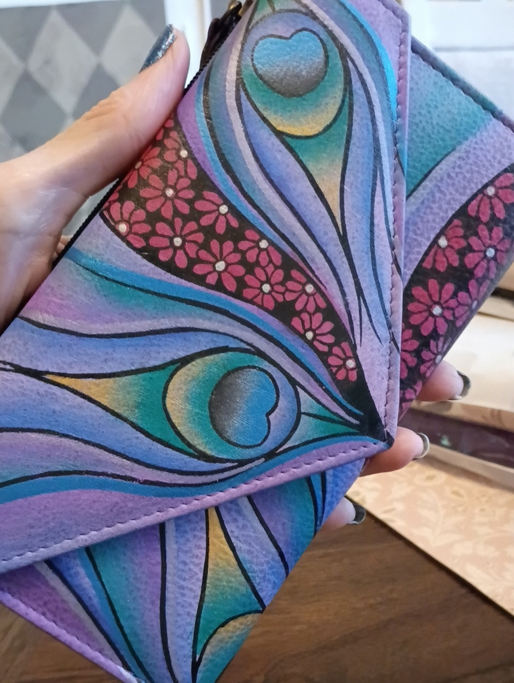 ANUSCHKA leather peacock floral painted wallet - Picture 13 of 16